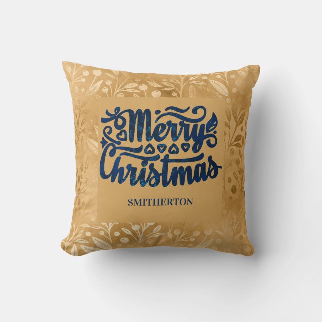Frohe Weihnachten Gold Navy Blue Pinselschrift Nam Kissen (Vorderseite)