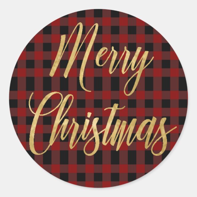Frohe Weihnachten Gold Red Black Kariert Tartan Runder Aufkleber (Vorderseite)