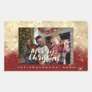 Frohe Weihnachten Gold Red Stars Spark Foto Name Rechteckiger Aufkleber