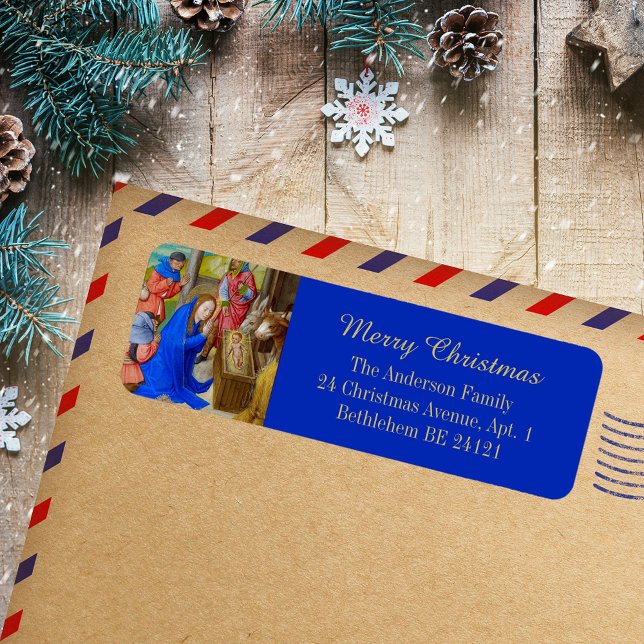 Frohe Weihnachten Gold Religious Christlich Mittel (Merry Christmas Gold Blue Religious Christian Catholic Medieval Holiday Return Address Label)
