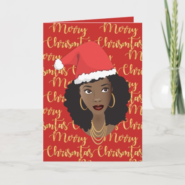 Frohe Weihnachten Gold & Rot, Schwarze Frau, Weihn Karte (Vorderseite)