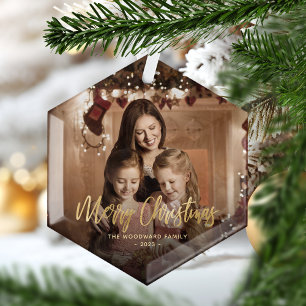 Frohe Weihnachten Gold Schrift Familienfoto Ornament Aus Glas