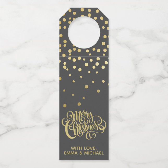 Frohe Weihnachten - Gold Script & Confetti Flaschenanhänger (Rückseite)