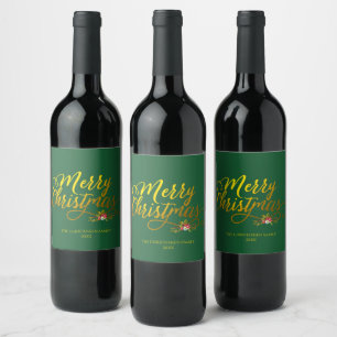 Frohe Weihnachten Gold Script Red Holly Weinetikett