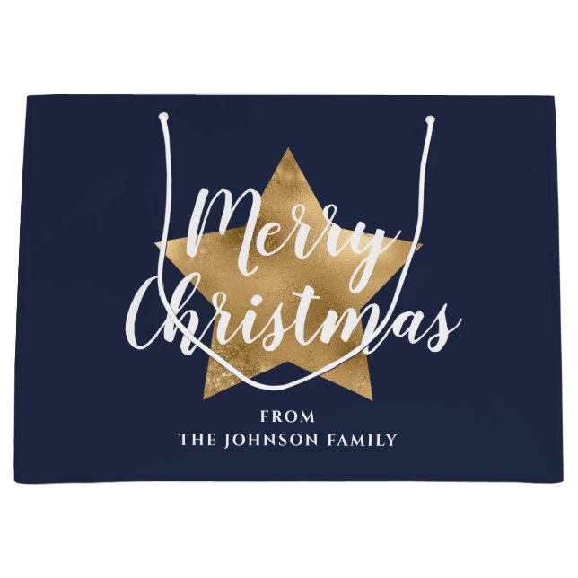 Frohe Weihnachten Gold Star Navy Blue Große Geschenktüte (Vorderseite)
