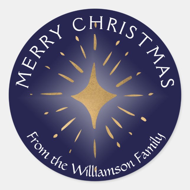 Frohe Weihnachten Gold Star Navy Blue Runder Aufkleber (Vorderseite)