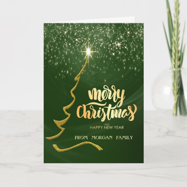 Frohe Weihnachten, Gold Weihnachtsbaum, Grün Feiertagskarte (Vorderseite)