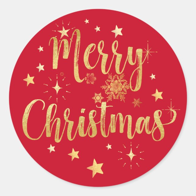 Frohe Weihnachten Gold Writing Stars Snowflakes Ro Runder Aufkleber (Vorderseite)