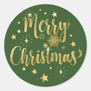 Frohe Weihnachten Gold Writing Stars & Snowflakes Runder Aufkleber