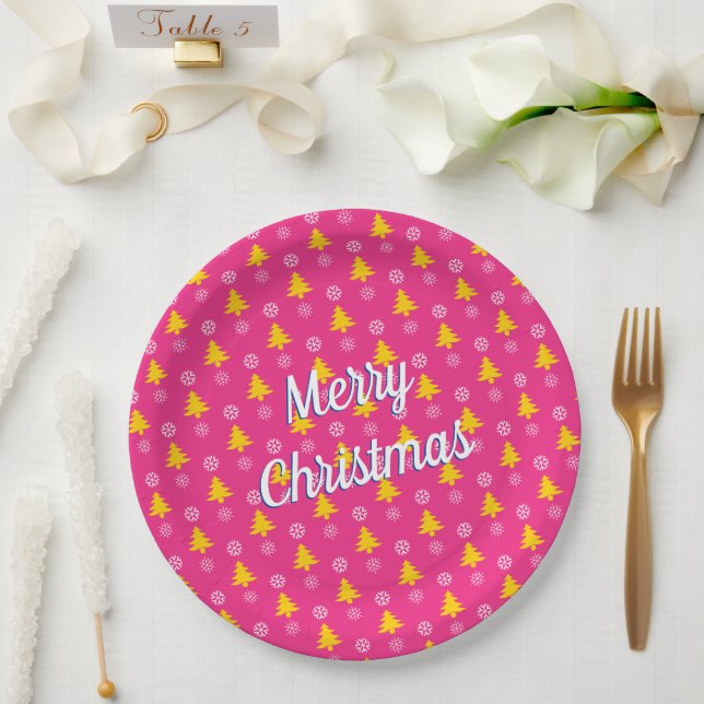 Frohe Weihnachten, Goldbäume und Schneeflocken Pappteller (Hochzeit)