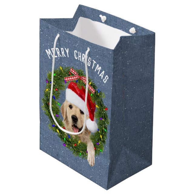 Frohe Weihnachten Golden Retriever auf Denim Mittlere Geschenktüte (Vorderseite Schrägansicht)