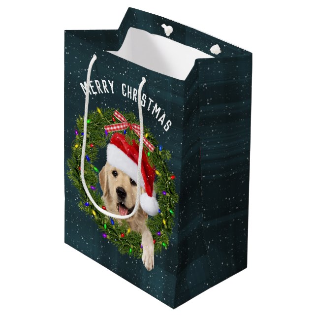 Frohe Weihnachten Golden Retriever auf kariert Mittlere Geschenktüte (Vorderseite Schrägansicht)