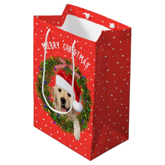 Frohe Weihnachten Golden Retriever auf Polka Punkt Mittlere Geschenktüte (Vorderseite Schrägansicht)