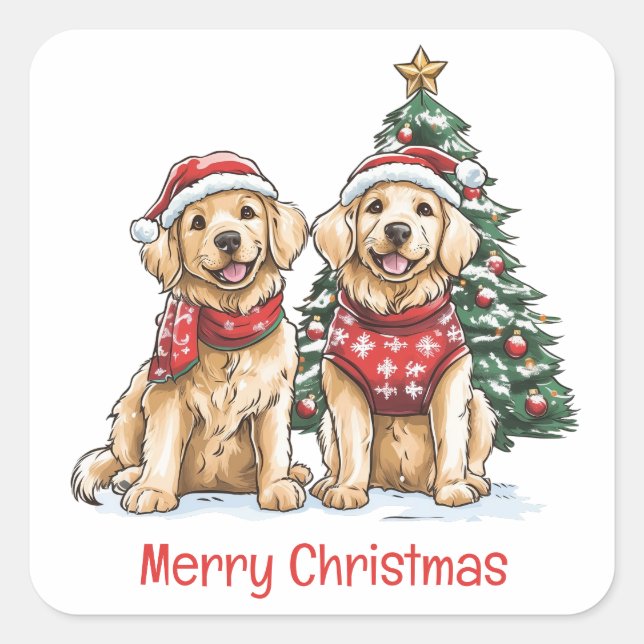 Frohe Weihnachten Golden Retriever Hunde Quadratischer Aufkleber (Vorderseite)