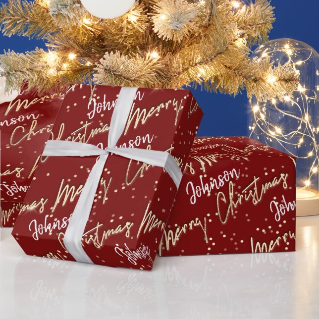 Frohe Weihnachten Golden Script aus Name Burgundy Geschenkpapier (Feiertage)