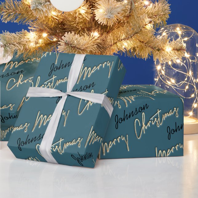 Frohe Weihnachten Golden Script Name Black Aquamar Geschenkpapier (Feiertage)