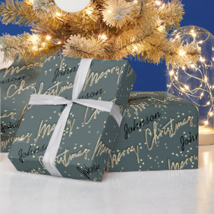 Frohe Weihnachten Golden Script Name Black Gray  Geschenkpapier