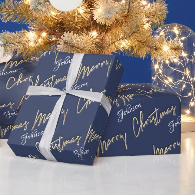 Frohe Weihnachten Golden Script Name Blue Navy Geschenkpapier (Feiertage)