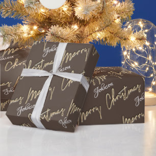 Frohe Weihnachten Golden Script Name Brown Ivory Geschenkpapier
