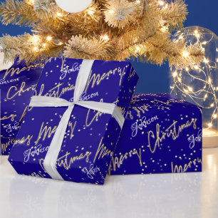 Frohe Weihnachten Golden Script Name Royal Blue Na Geschenkpapier