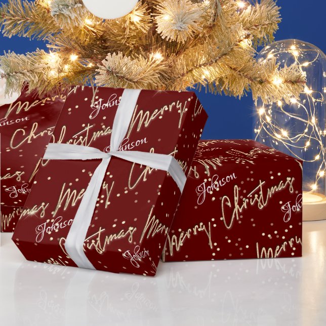 Frohe Weihnachten Golden Script Name Royal Burgund Geschenkpapier (Feiertage)