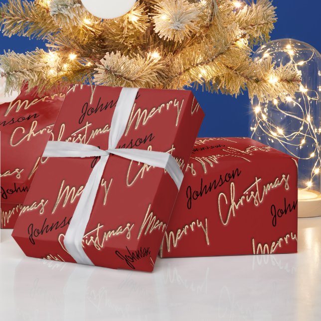 Frohe Weihnachten Golden Script Name Schwarze Rose Geschenkpapier (Feiertage)