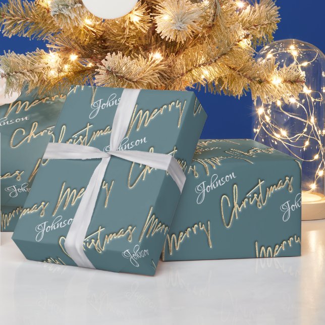 Frohe Weihnachten Golden Script Name Smoky Aqua Bl Geschenkpapier (Feiertage)