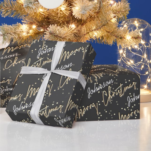 Frohe Weihnachten Golden Script Name Smoky Gray Geschenkpapier (Feiertage)