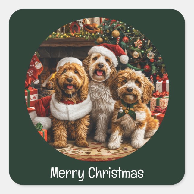 Frohe Weihnachten Goldendoodle Welpen Hunde Quadratischer Aufkleber (Vorderseite)