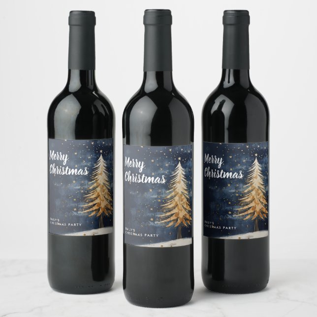 Frohe Weihnachten Goldene Bäume Weinkarte Weinetikett (Flaschen)