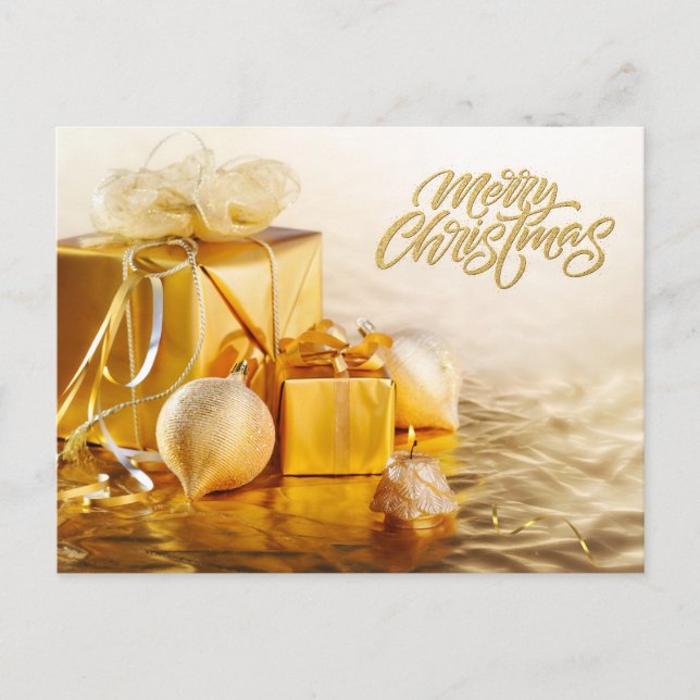 Frohe Weihnachten Goldene Ornamente und Geschenkbo (Vorderseite)