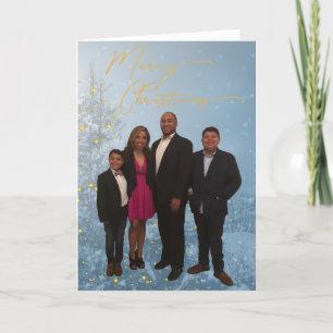 Frohe Weihnachten Goldener blauer Baum Familienfot