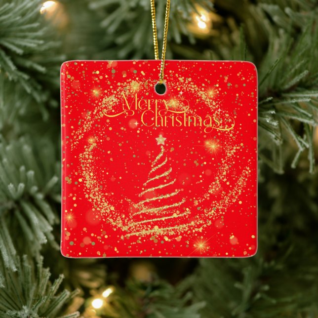 Frohe Weihnachten! Goldstaub gegen Rot, Glitterie Keramikornament (Baum)
