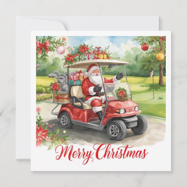 Frohe Weihnachten Golf Santa fährt Golfcart (Vorderseite)