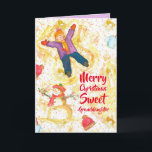 Frohe Weihnachten Grandtochter Snowman Angels Karte<br><div class="desc">Frohe Weihnachtsgrüße für eine süße Enkelin mit einem jungen Mädchen,  das Schneegel mit einem lächelnden Schneemann und Schnee,  der mit Aquarell illustriert fällt. Im Inneren ist ein Farbton aus Lila lila. Sie können die Farbe und den Text im Inneren entsprechend Ihren Bedürfnissen bearbeiten.</div>