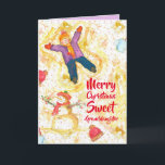 Frohe Weihnachten Grandtochter Snowman Angels Karte<br><div class="desc">Frohe Weihnachtsgrüße für eine süße Enkelin mit einem jungen Mädchen,  das Schneegel mit einem lächelnden Schneemann und Schnee,  der mit Aquarell illustriert fällt. Im Inneren ist ein Farbton aus Lila lila. Sie können die Farbe und den Text im Inneren entsprechend Ihren Bedürfnissen bearbeiten.</div>