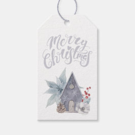 Frohe Weihnachten Gray Birdhouse Poinsettias Geschenkanhänger