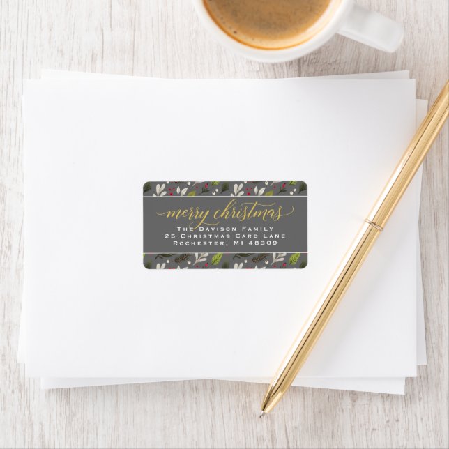 Frohe Weihnachten Gray Gold Elegante Script-Adress Adressaufkleber (Insitu)