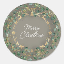 Frohe Weihnachten Gray Green Wreath Woodland Gold