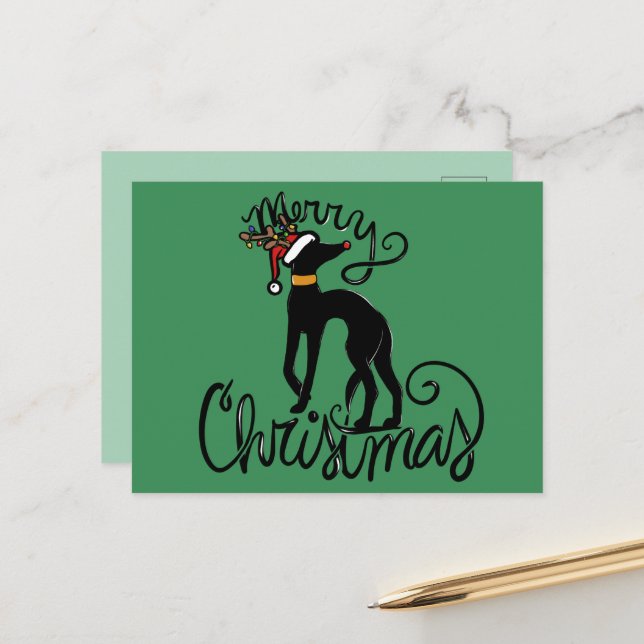 Frohe Weihnachten Greyhound Reindeer Postkarte (Vorderseite/Rückseite Beispiel)