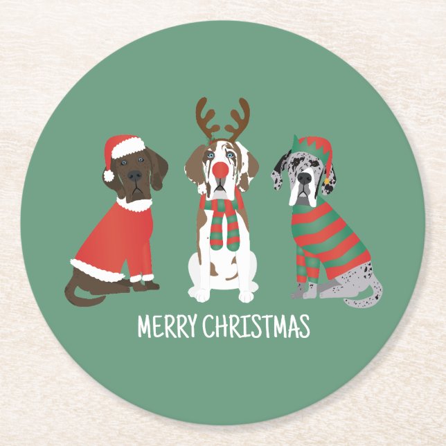 Frohe Weihnachten Große Dane Hunde Runder Pappuntersetzer (Vorderseite)