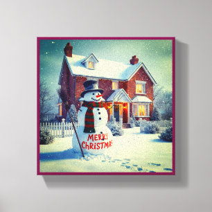 FROHE WEIHNACHTEN GROSSE SCHNEEMANN WINTERSZENE LEINWANDDRUCK