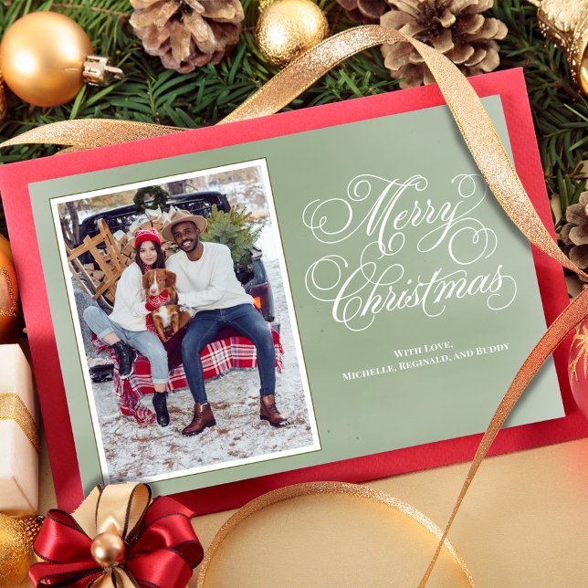 Frohe Weihnachten Grün Elegante Schrift Foto (Merry Christmas fancy calligraphy script vertical photo card. )
