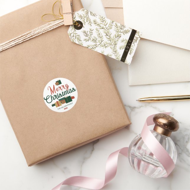 Frohe Weihnachten Grün Geschenke Runder Aufkleber (Schenken)