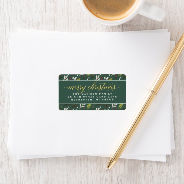 Frohe Weihnachten Grün Gold Elegante Script-Adress Adressaufkleber (Insitu)