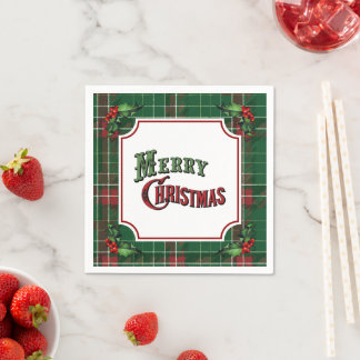 Frohe Weihnachten Grün Kariert mit Stechpalme Serviette
