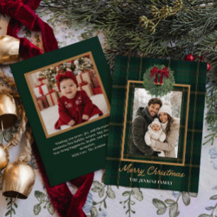 Frohe Weihnachten Grün Kariert und Kranz Foto Einladung