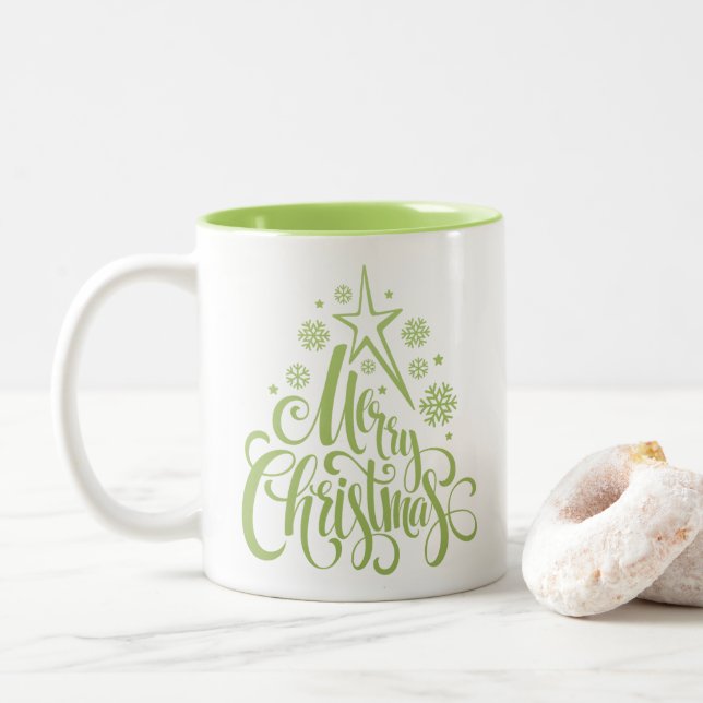 Frohe Weihnachten Grün Moderne Zweifarbige Tasse (Mit Donut)