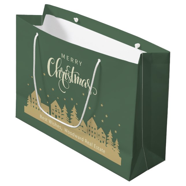 Frohe Weihnachten Grün Retro | Real Anwesen Client Große Geschenktüte (Vorderseite Schrägansicht)