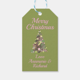 Frohe Weihnachten Grün rosa Baum auf Grün mit Name Geschenkanhänger